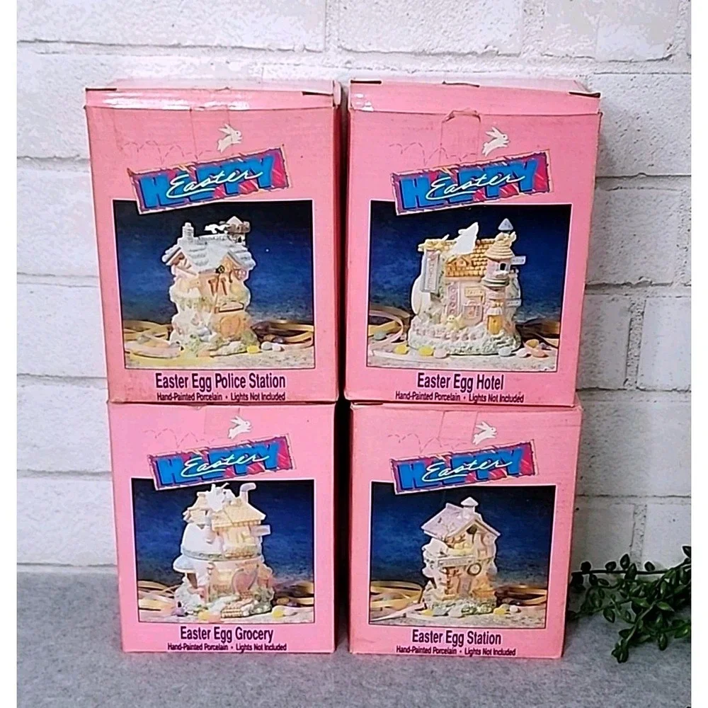 Easter Egg Village Porcelain Buildings Grocery Hotel Police Station‎ 4 Pc Set